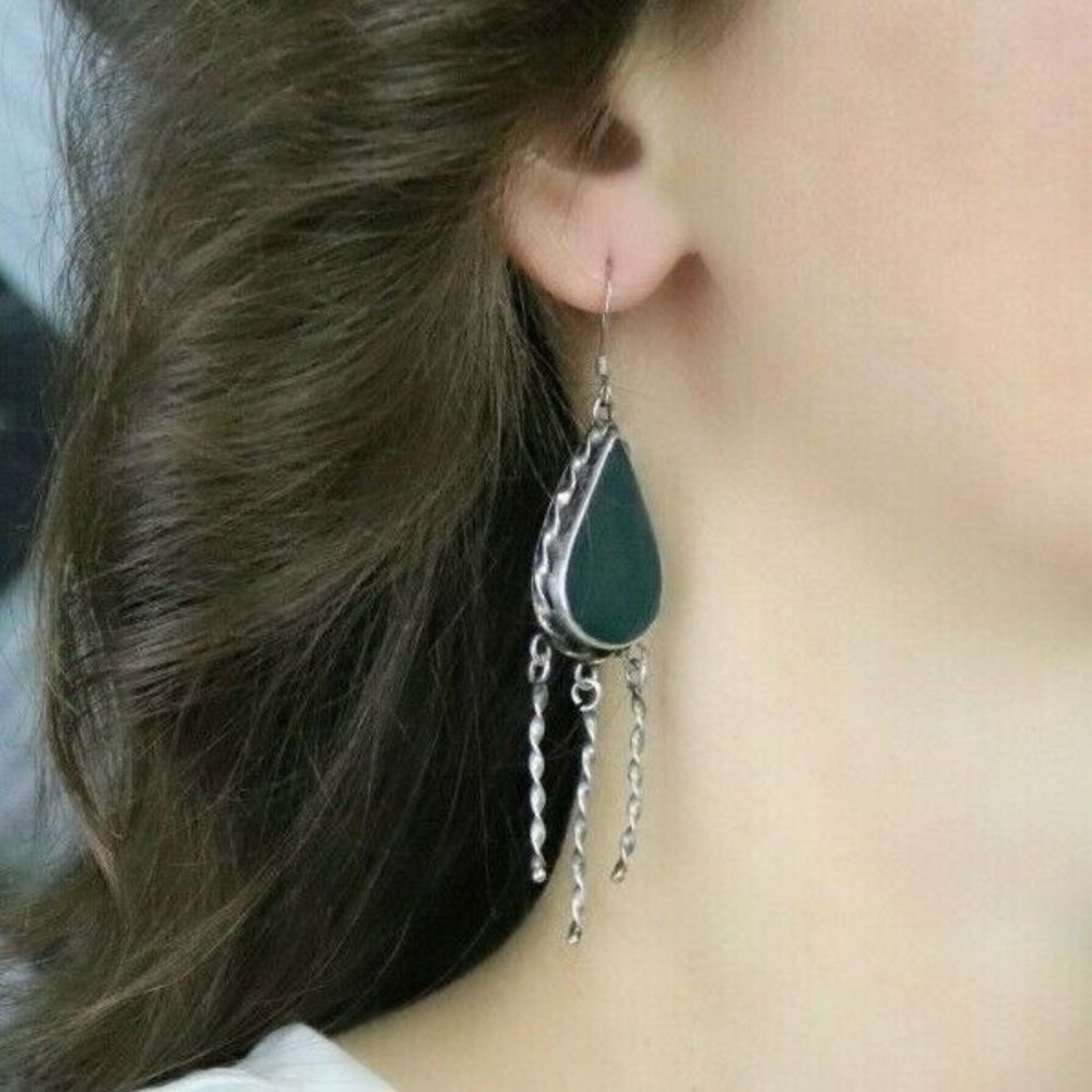 Sterling Silver Green Onyx Dangle Drop Earrings Large Bold - Picture 2 of 7